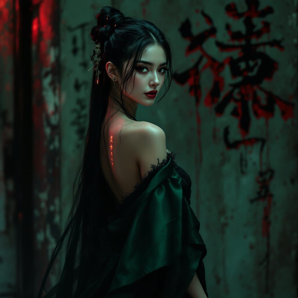 Enchantress in Surreal World with Glowing Runes