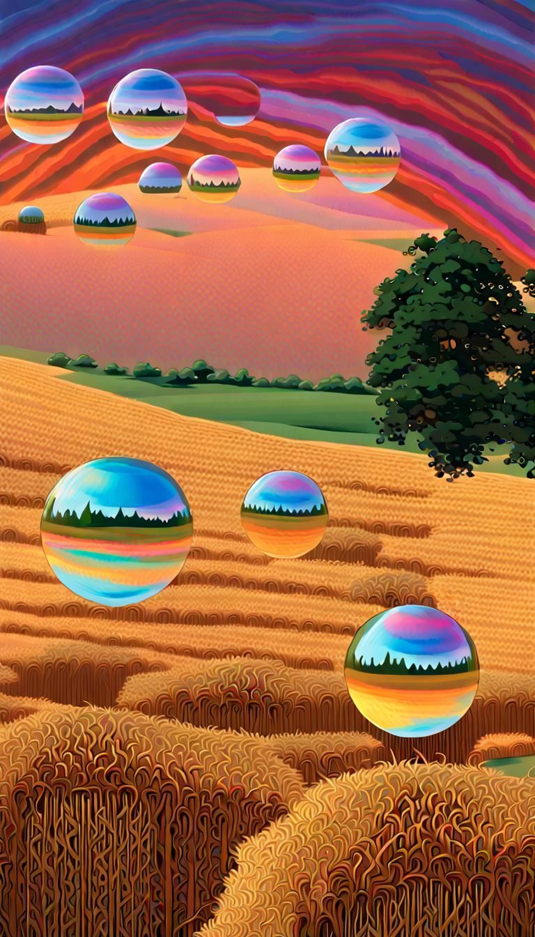 Iridescent Orbs Hovering Over Golden Field, Surreal 3D Art