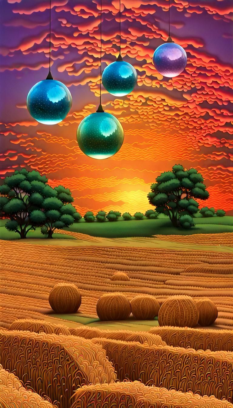Iridescent Orbs Over Golden Field, 3D Digital Art