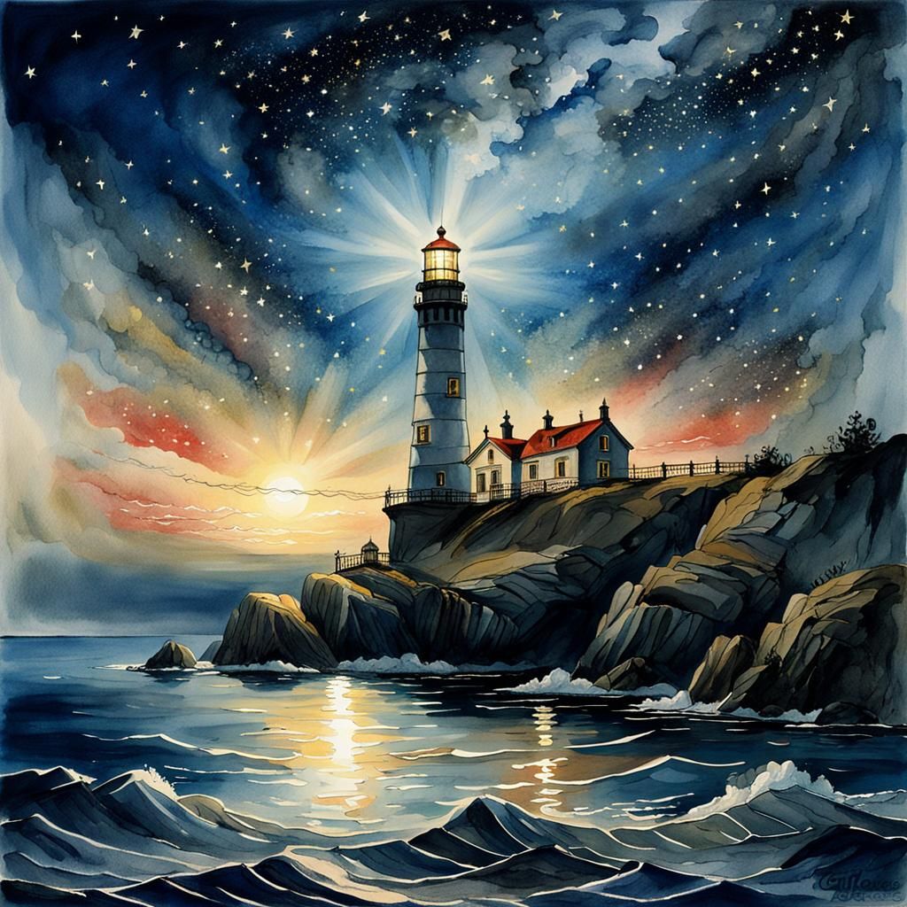 Lighthouse Illuminates Starry Night in Expressionistic Water...