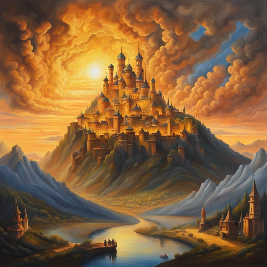 Smoky Kingdom in Golden Hour: Oil Painting