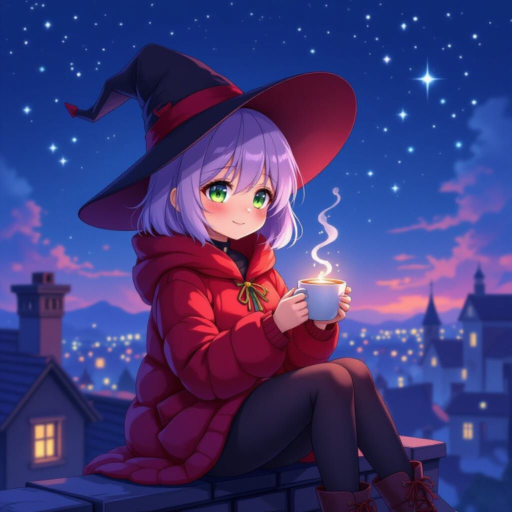 Cute Witch on Rooftop with Hot Cocoa, Anime Style