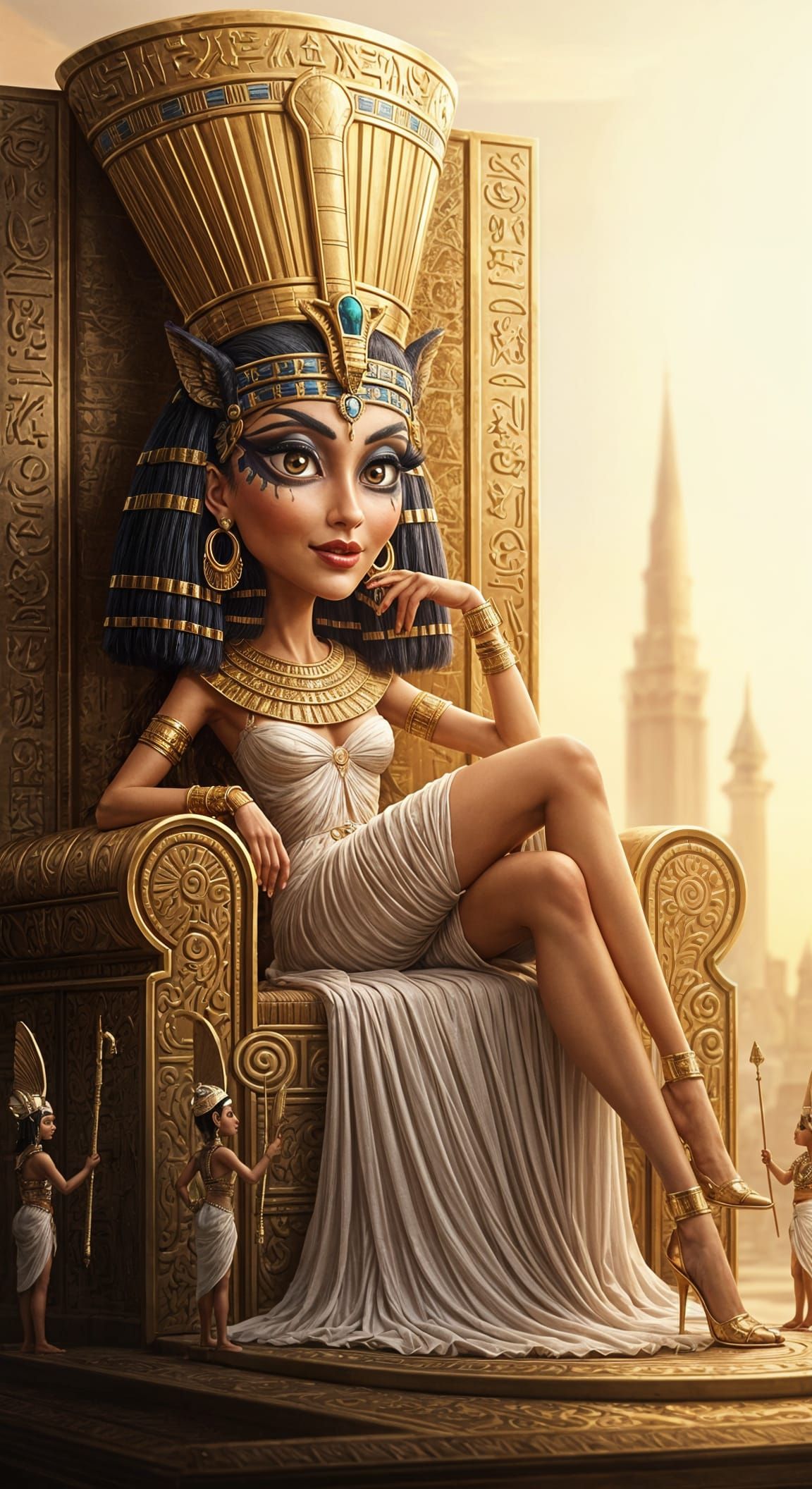 Cleopatra Caricature with Cat Eyes and Golden Headdress