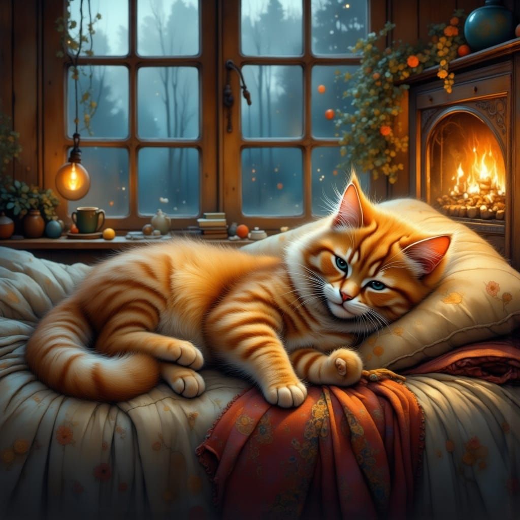 Fluffy Cat Napping in Cozy Bed with Hot Cocoa