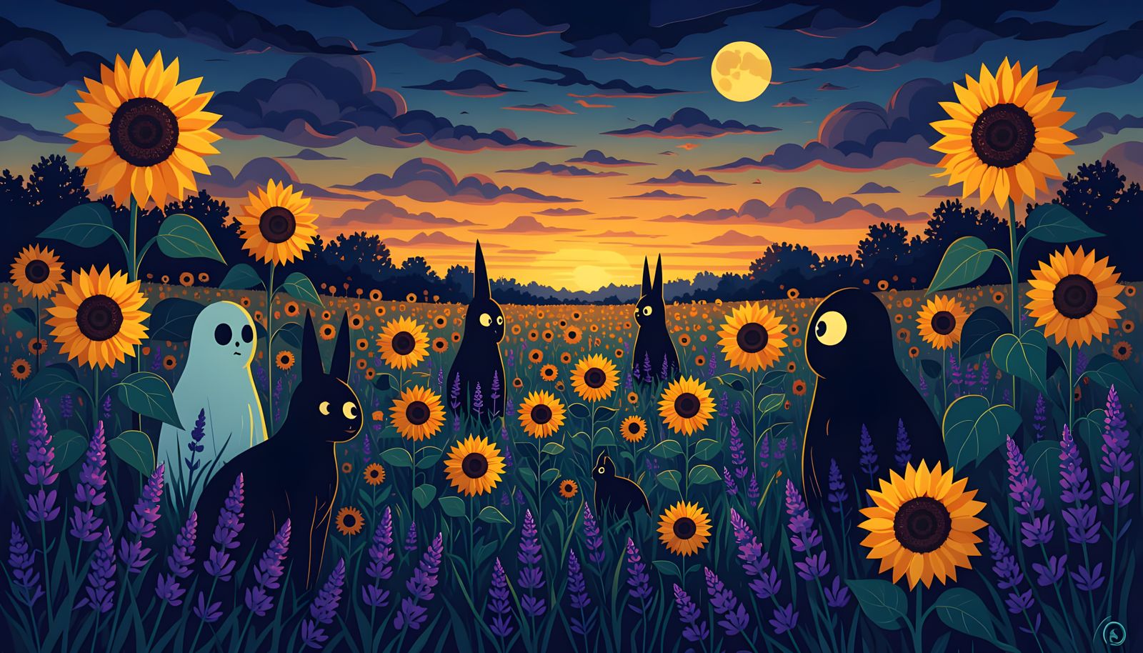 Eerie Meadow with Strange Creatures and Flowers