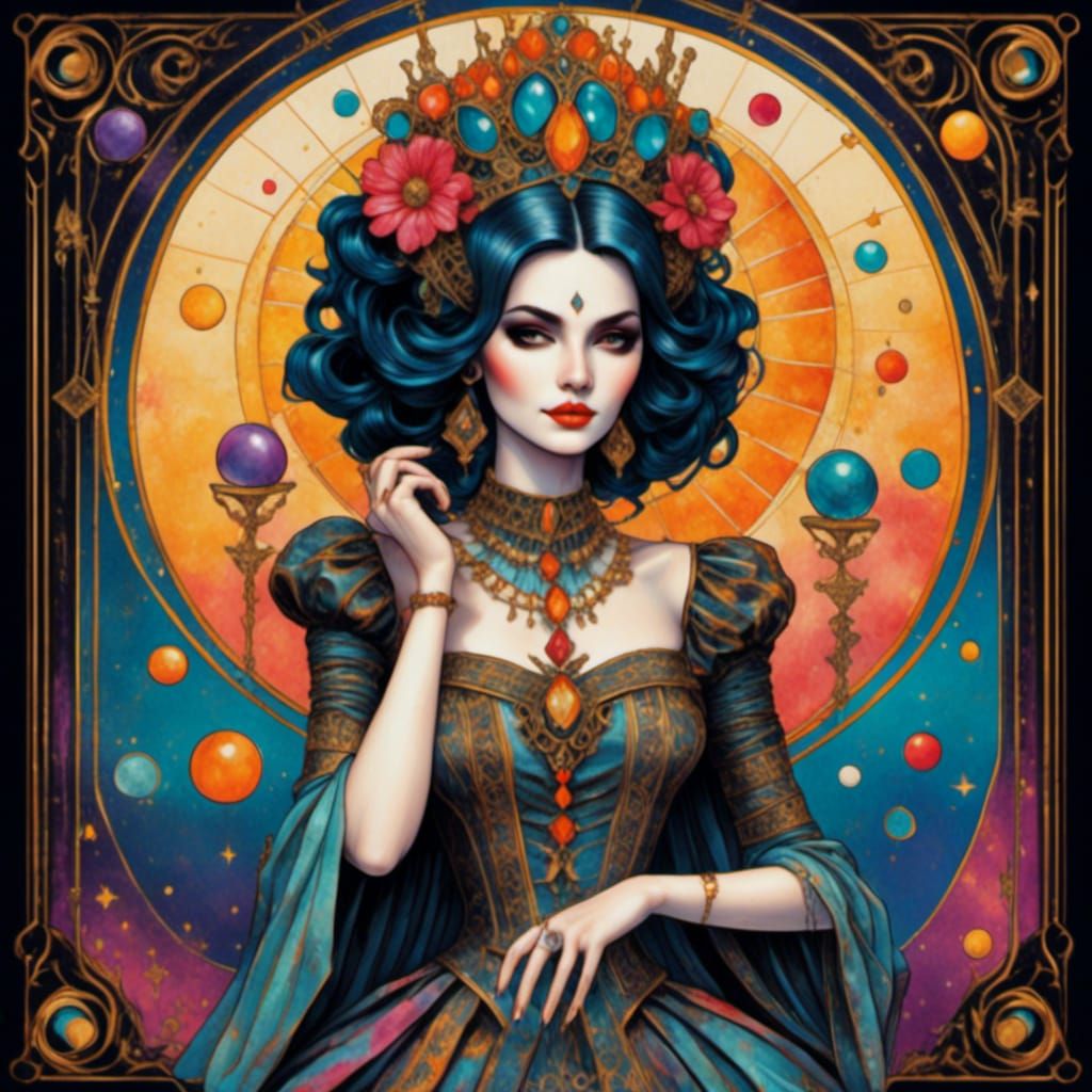 <lora:TheDeck:1.3>(Psychedelic tarot “lady luck" Hyperrealistic full body portrait with a black outline and splashes of ...