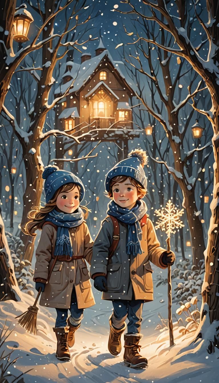 Enchanting Winter Forest Illustration with Children