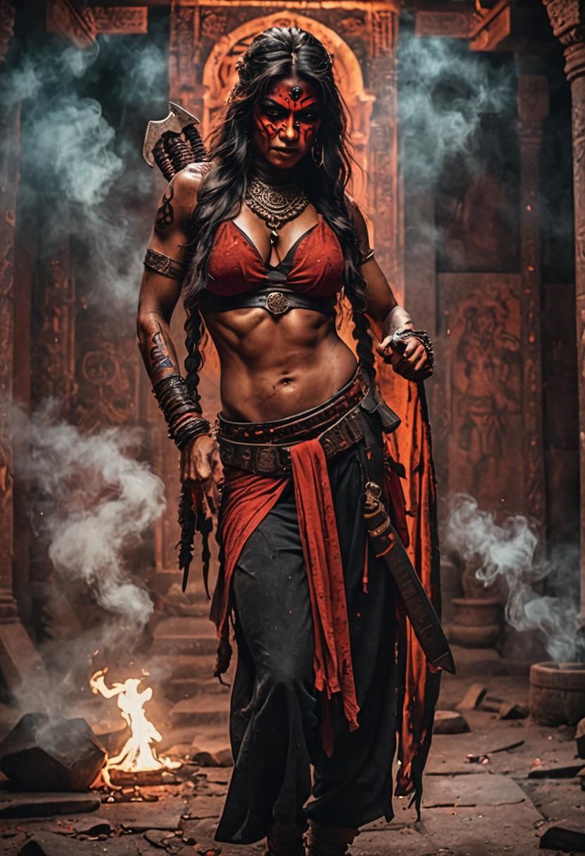 Fearsome Indian Warrior Woman in Dark Temple