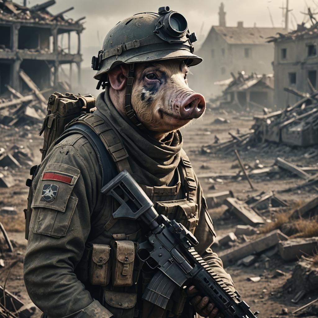 German Pig Soldier in War-Torn Landscape