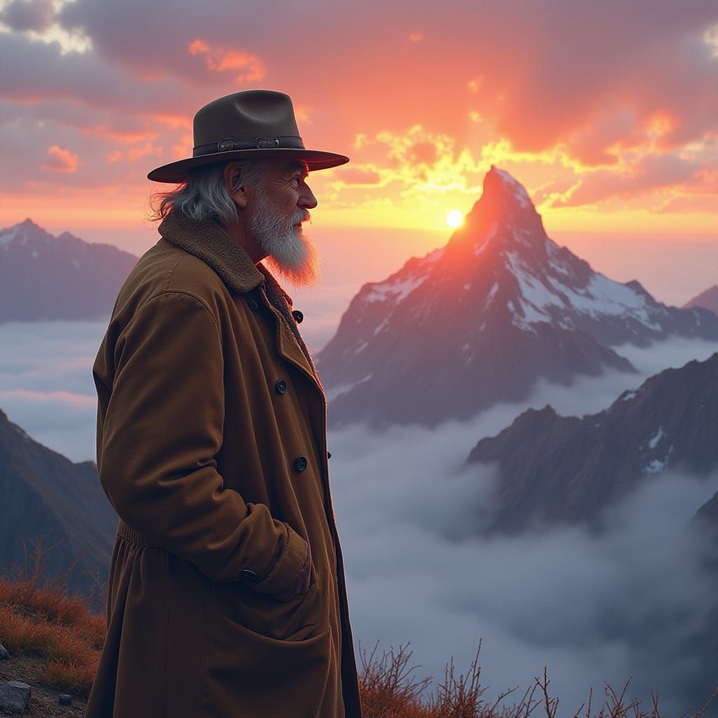 Elderly Man Views Mountain Sunrise: Dreamy Art