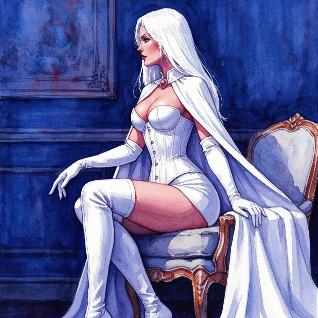 Emma Frost Seated in Ornate Armchair, Watercolor Style