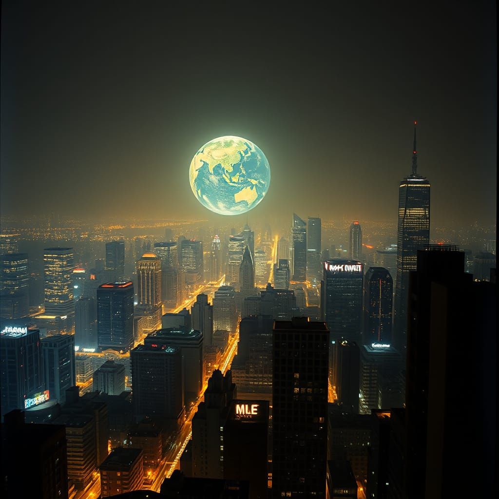Cityscape Illuminated by Giant Earth at Night