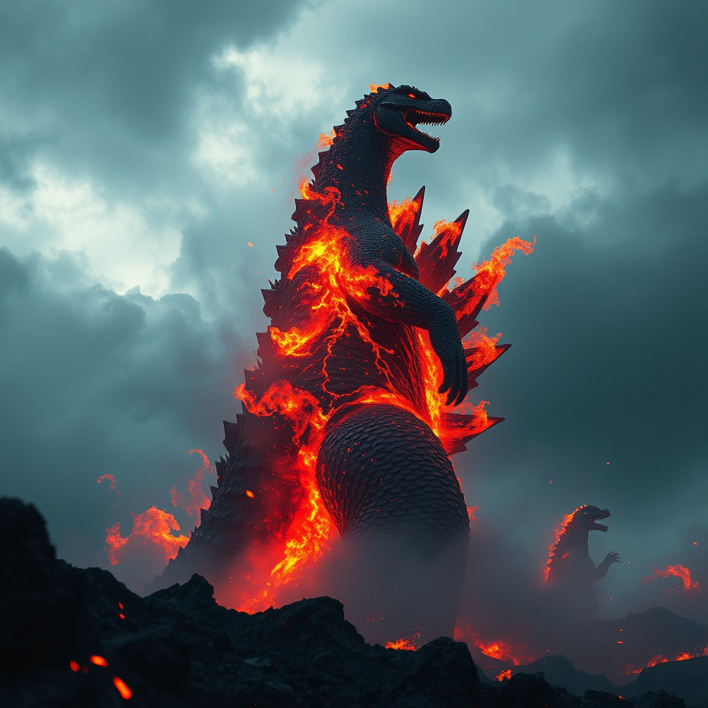 Flaming Godzilla in a Hellish Landscape