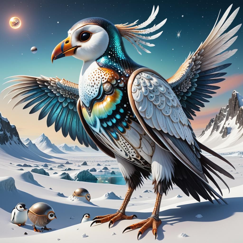 Winged Alien Creature on Snowy Exoplanet as Biological Illus...