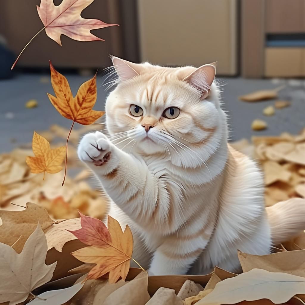 Blonde Cat Playing with Autumn Leaves: Watercolor Art