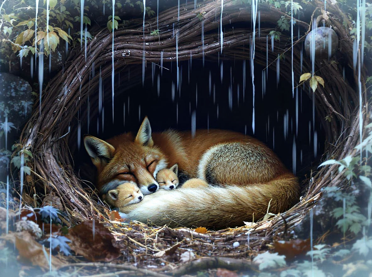 Peaceful Fox Den in Gentle Rain, Airbrush Style