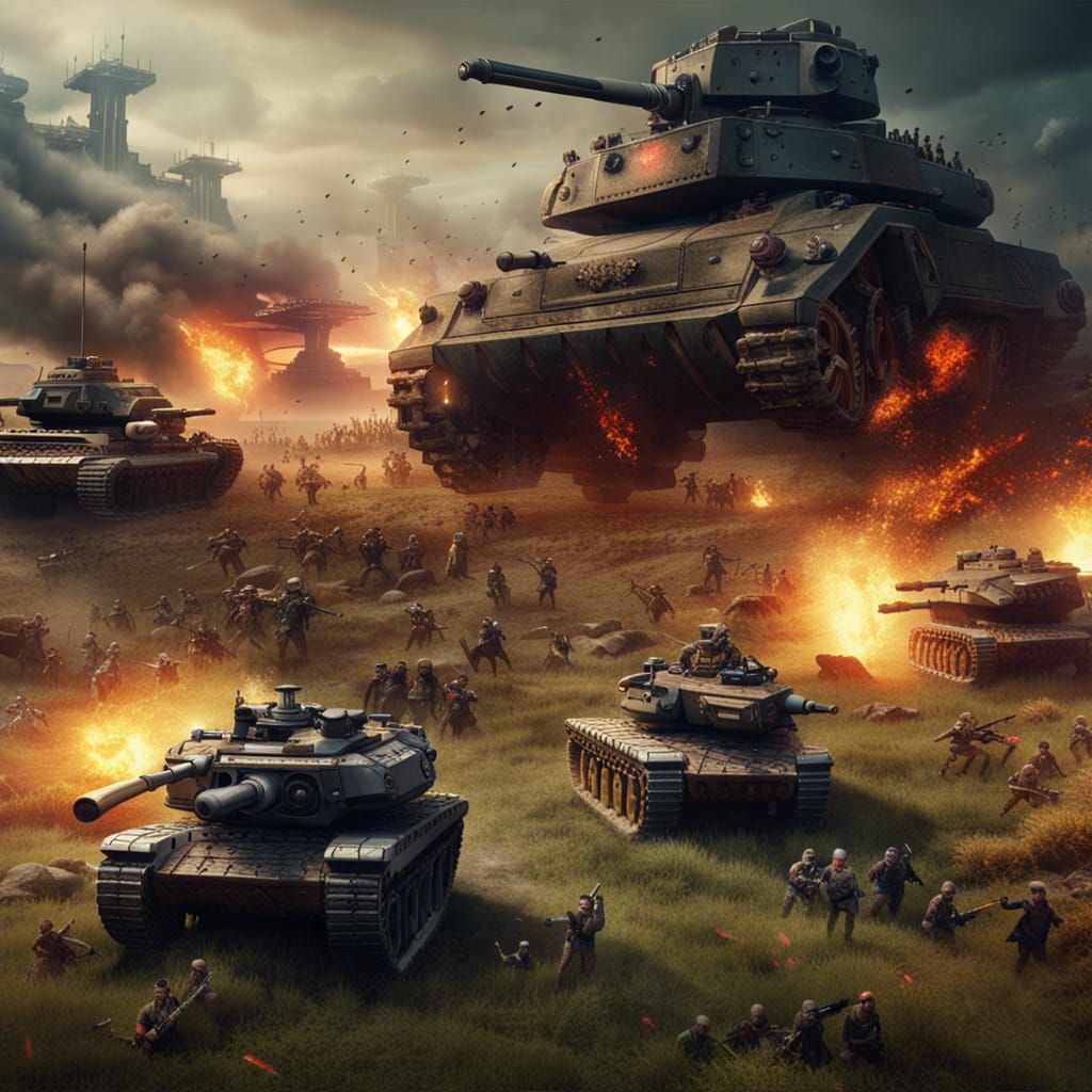 Intense Tank Battle in Open Field, Detailed Matte Painting