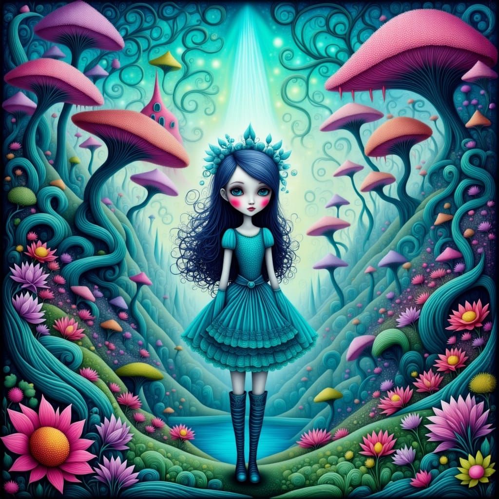 Girl in Surreal Garden with Bioluminescent Flowers