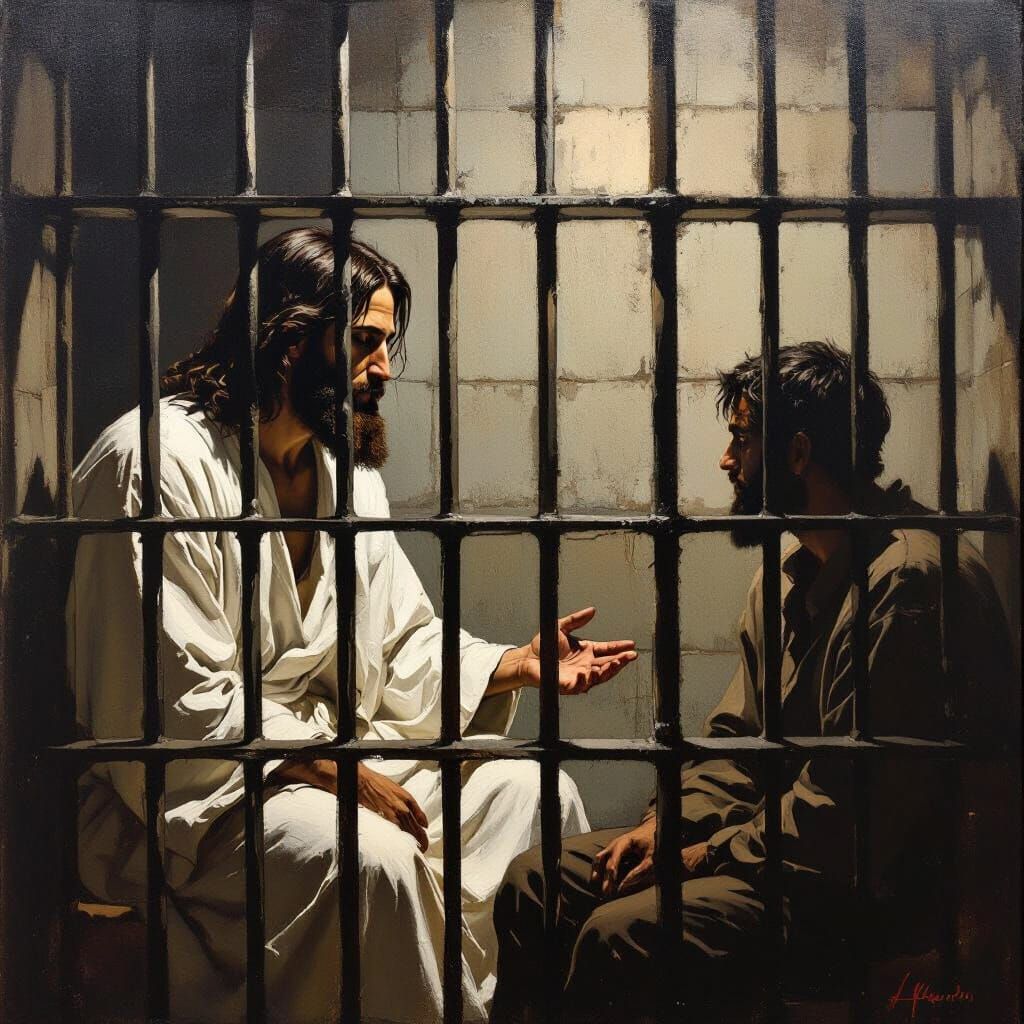 Jesus Visits a Prisoner: Somber, Realistic Art