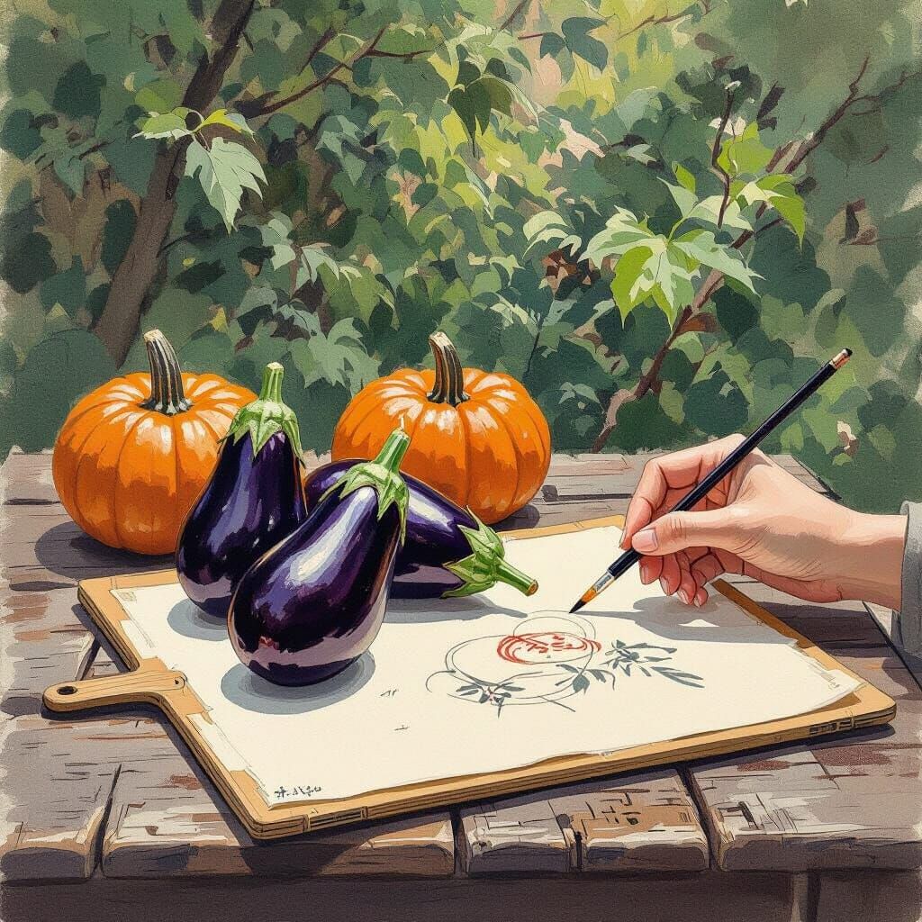 Eggplants and Pumpkins: Sketch in Hiroshi Yoshida Style