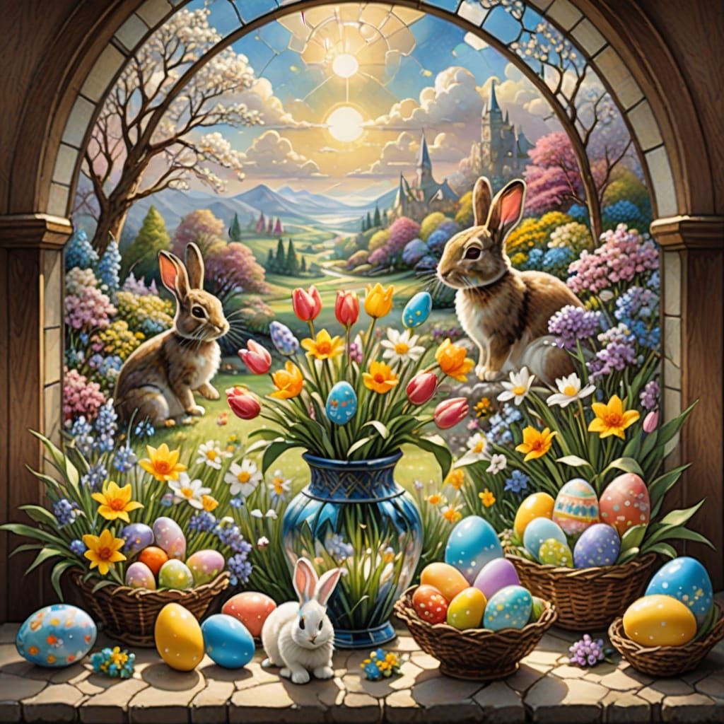 Easter Stained glass vase showing rabbits and easter eggs. Vase filled with spring flowers. Background open window showi...