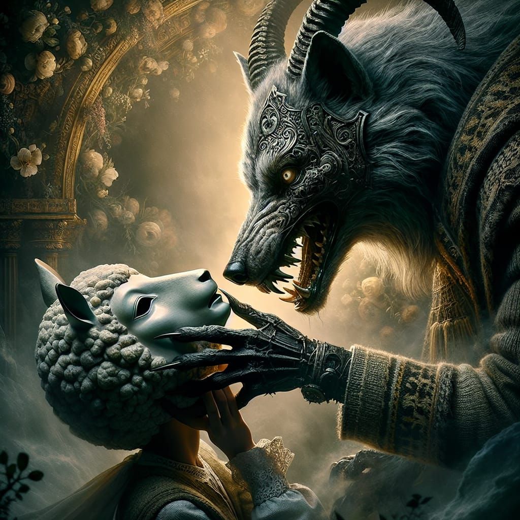 Creepy Wolf Unveiling Sheep Mask in Gothic Horror