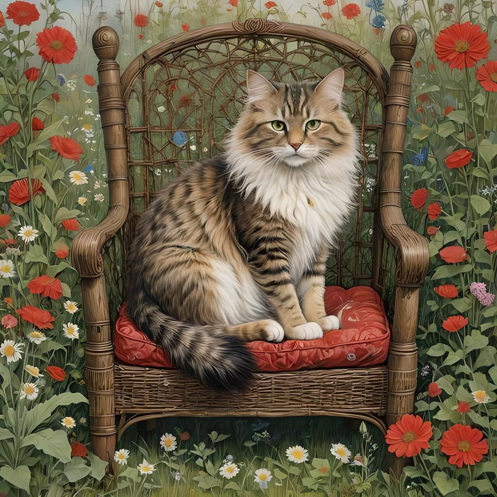Fluffy Cat in Garden, Art Nouveau Style