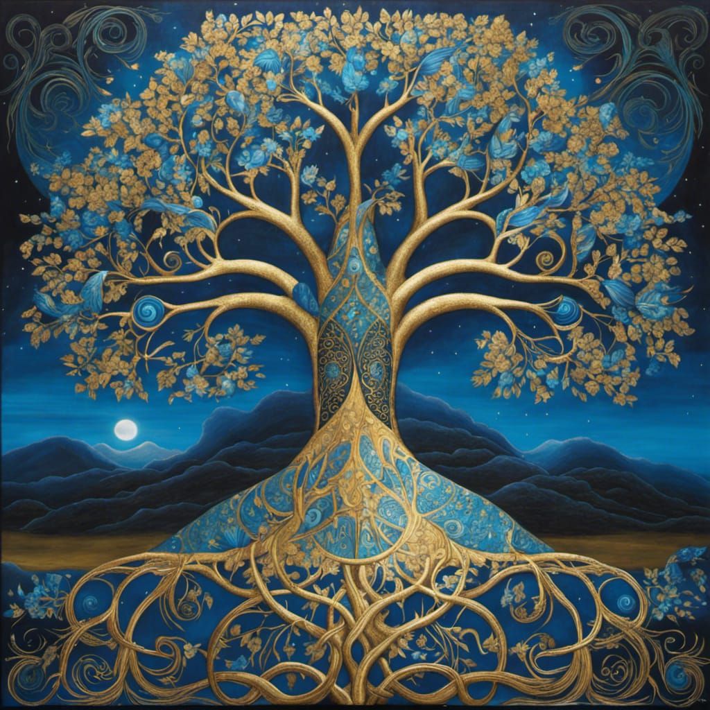 Radiant Blue and Gold Tree of Life in Art Brut Style