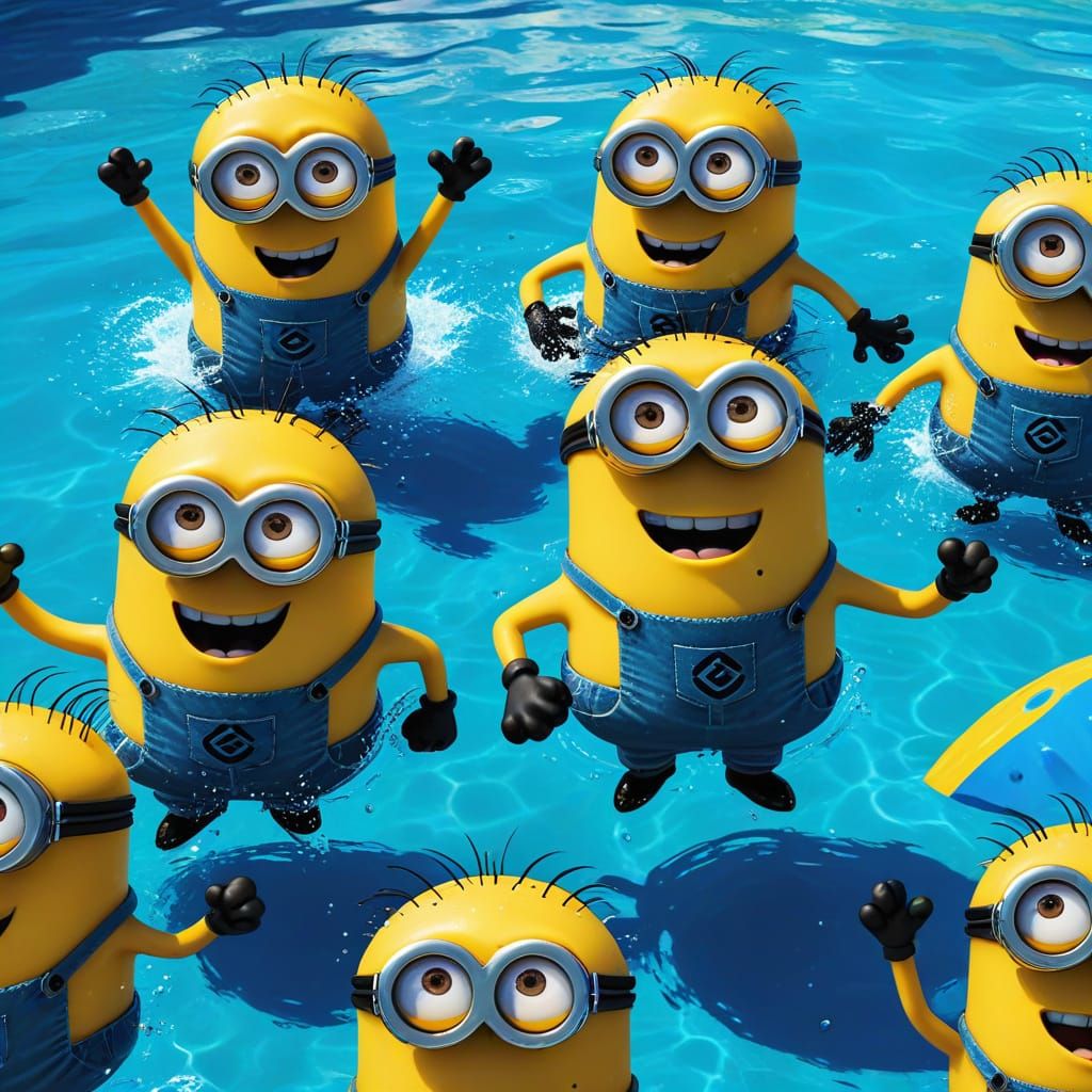 Minions Swimming Pool Fun: Vibrant Digital Cartoon