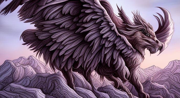 Lion with wings on mountaintop nest :: painting :: fantasy :: Griffon Griffin :: Fantasy winged beast :: Flying beast :...