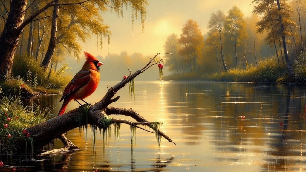 Impressionist Gothic Cardinal in Rustic Riverscape
