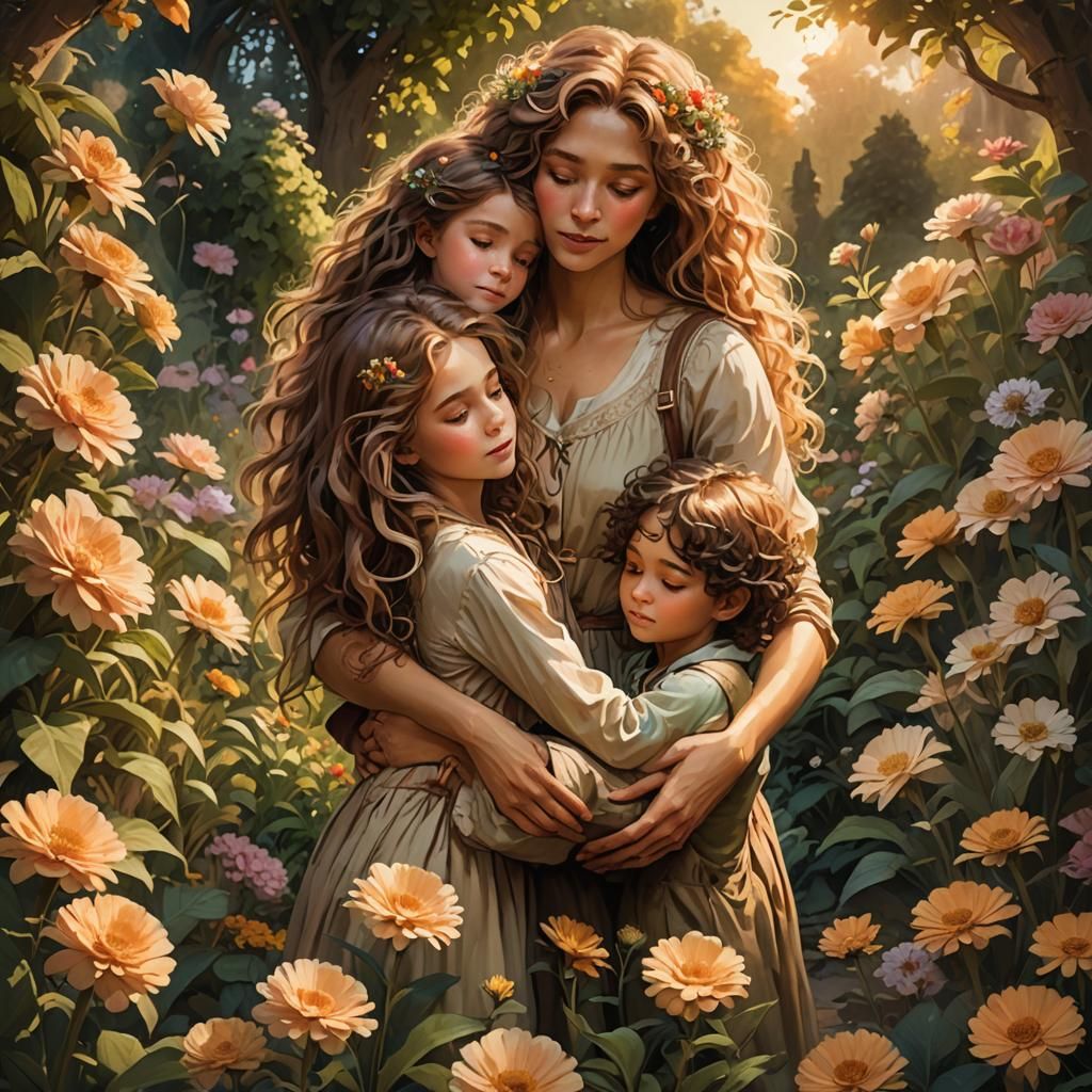 Mother and Children in Fantasy Garden Art