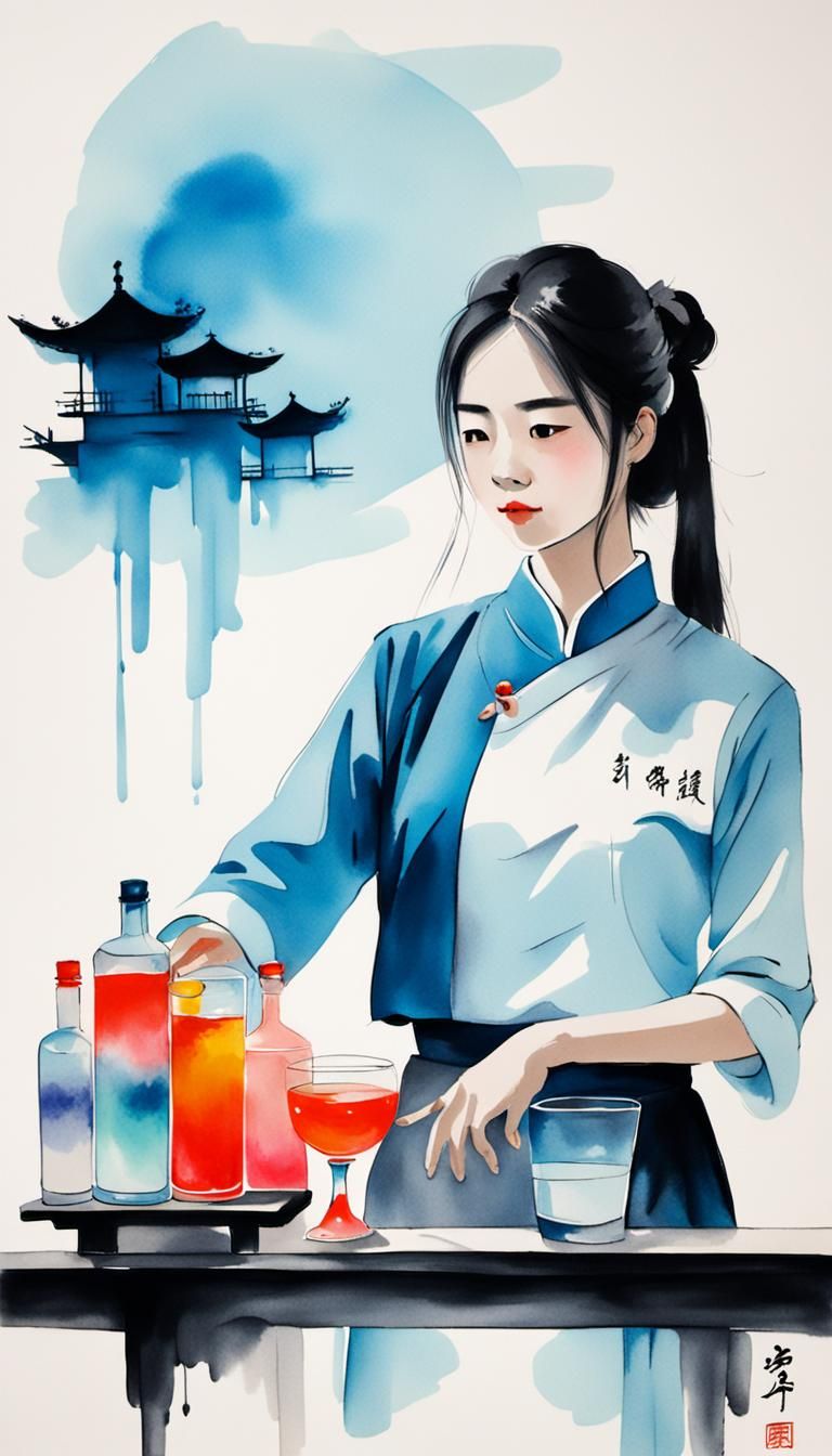 Beautiful Bartender in Chinese Ink Painting Style