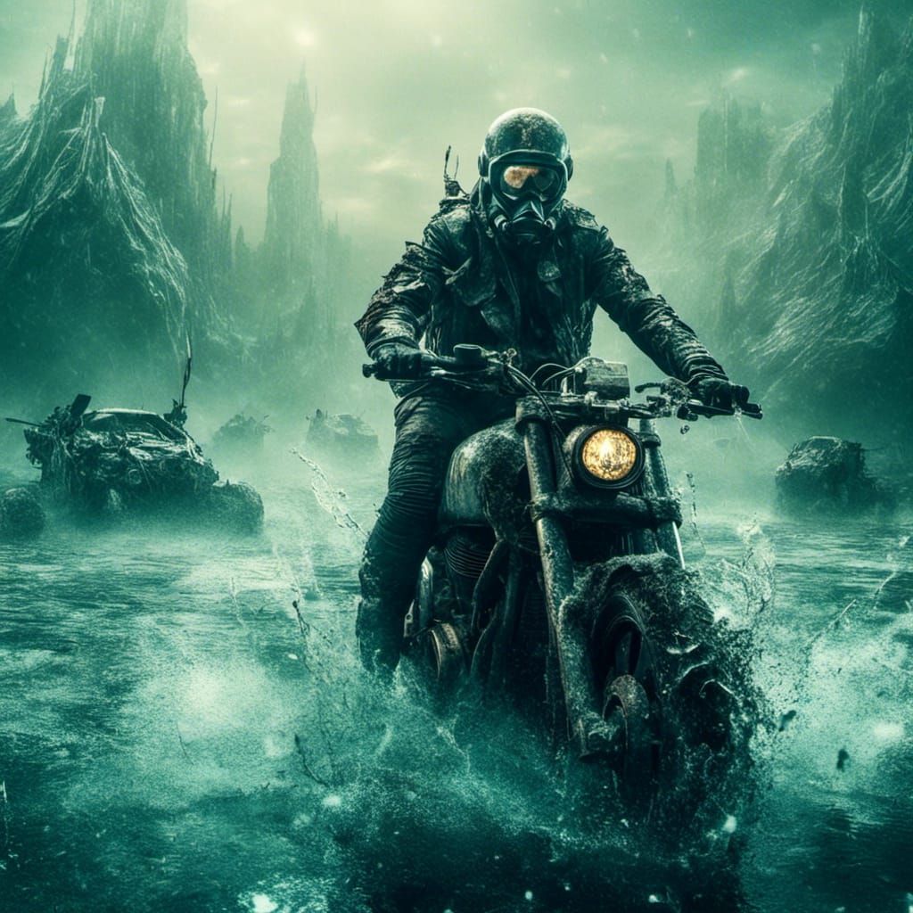 Futuristic Rider in Underwater Wasteland