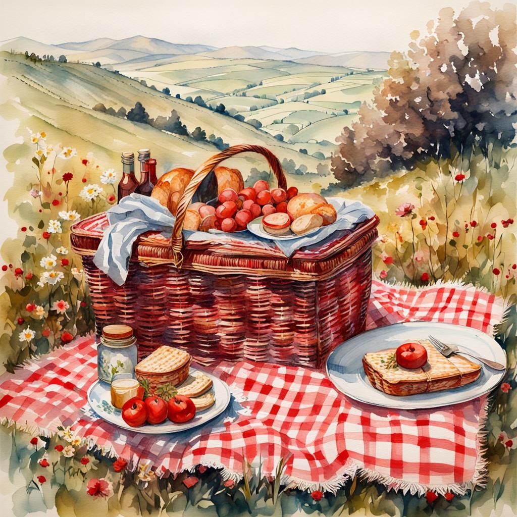 Vintage Picnic on a Hillside in Watercolor Style