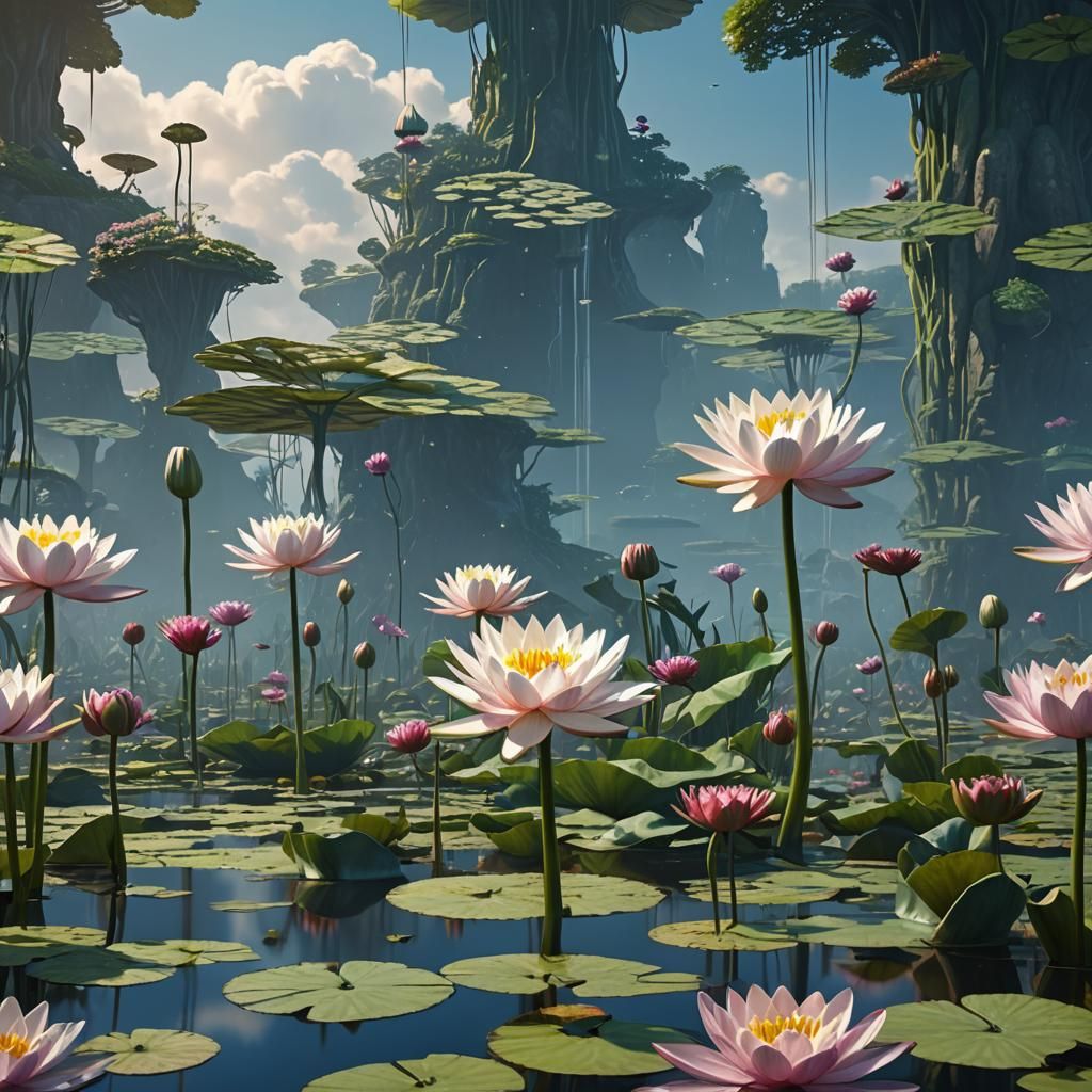 Giant Water Lilies Reach Sky in Dream World