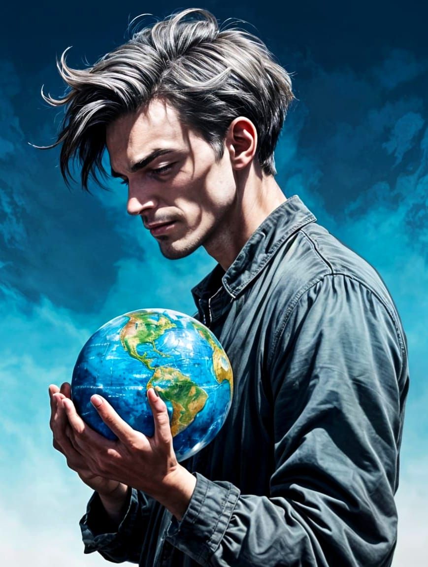 Man Holds Earth With Sinister Smile, Charcoal Drawing