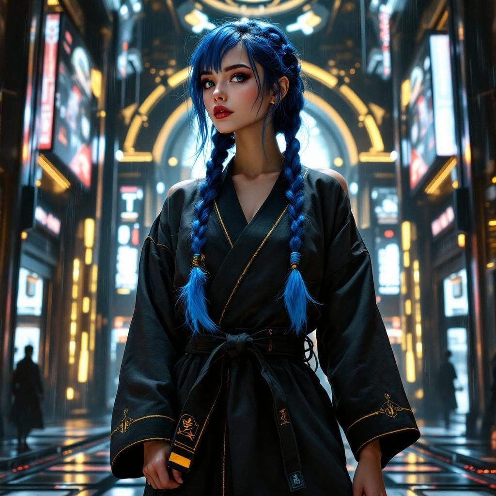 Cyberpunk Dojo: Woman with Blue Hair in Gi