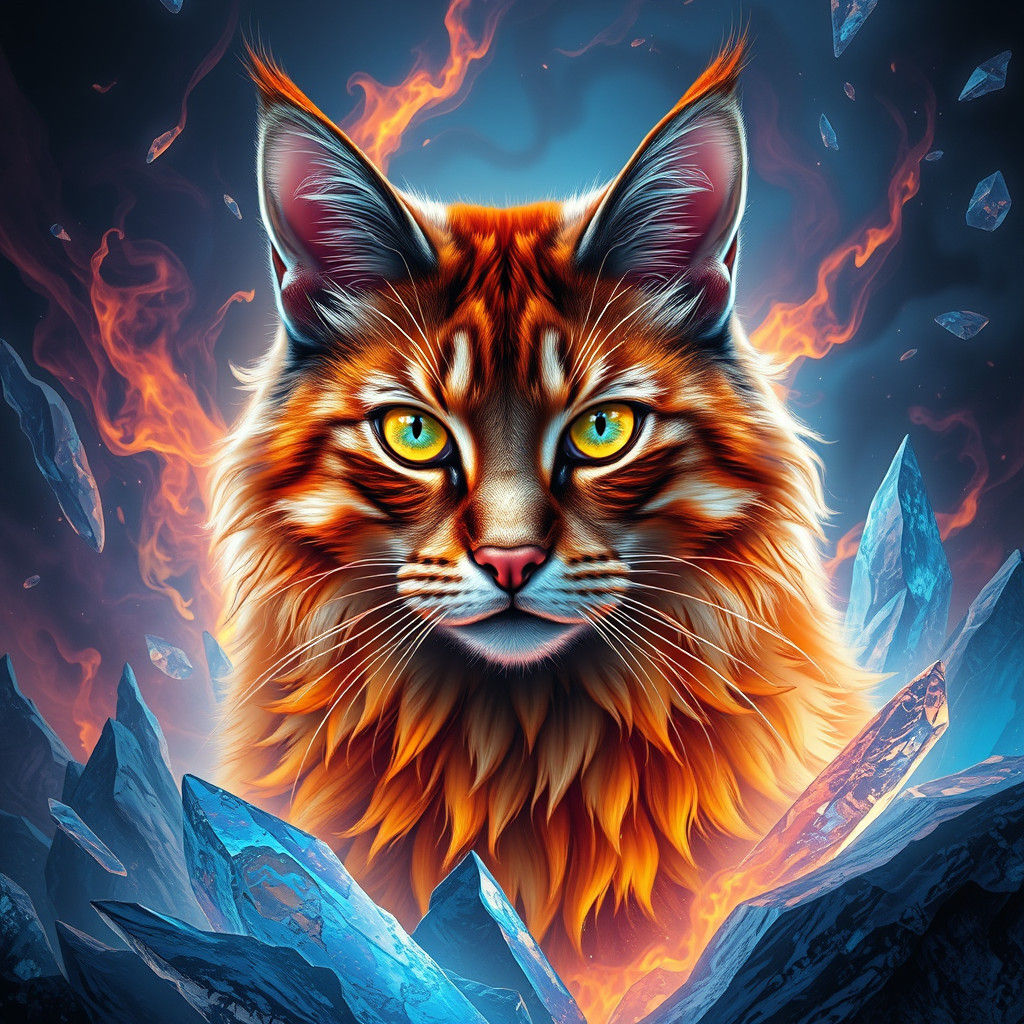 Iridescent Cat in a Mystical Fire and Ice Landscape
