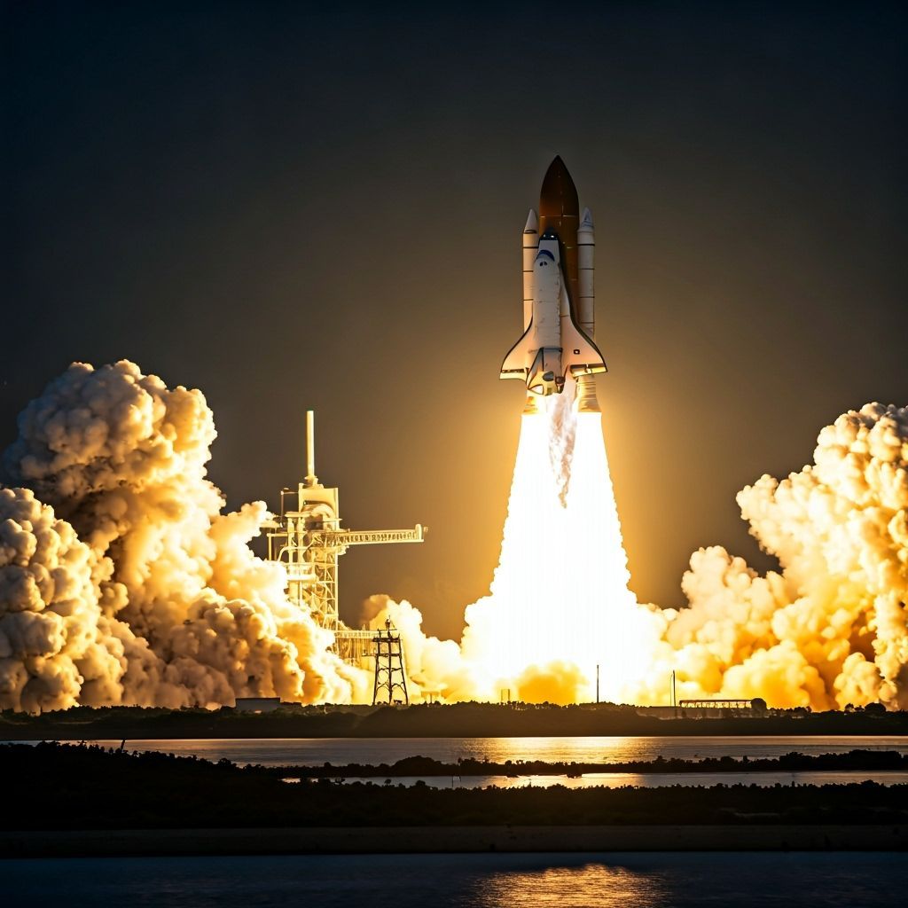 Space Shuttle Launch in Retro-Futuristic Style