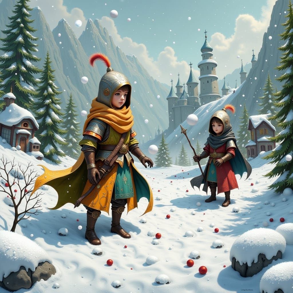 Whimsical Winter Kingdom in Vibrant Oil Painting Style