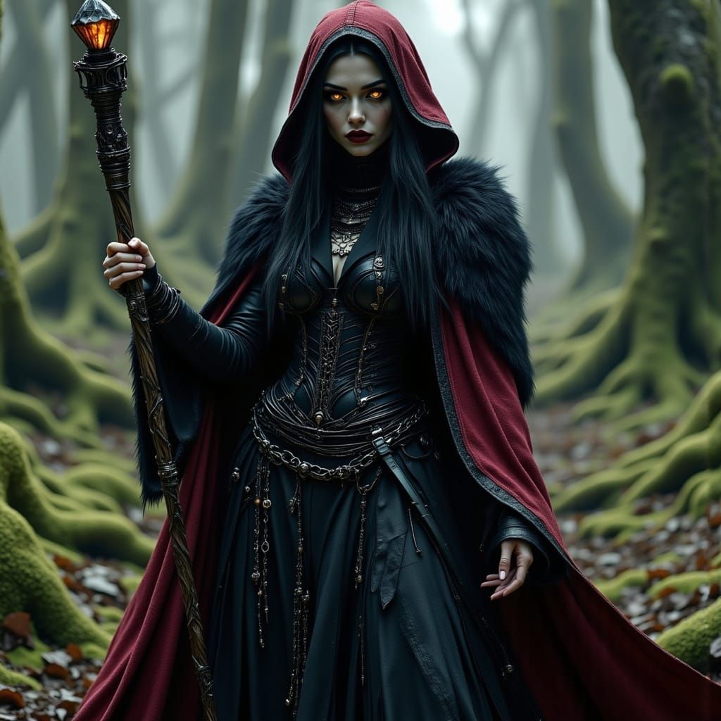 Dark Fantasy Sorceress in Ancient Forest