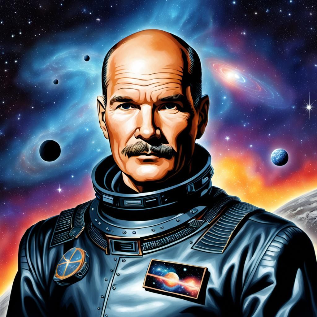 Robert A. Heinlein Portrait with Galaxy Background