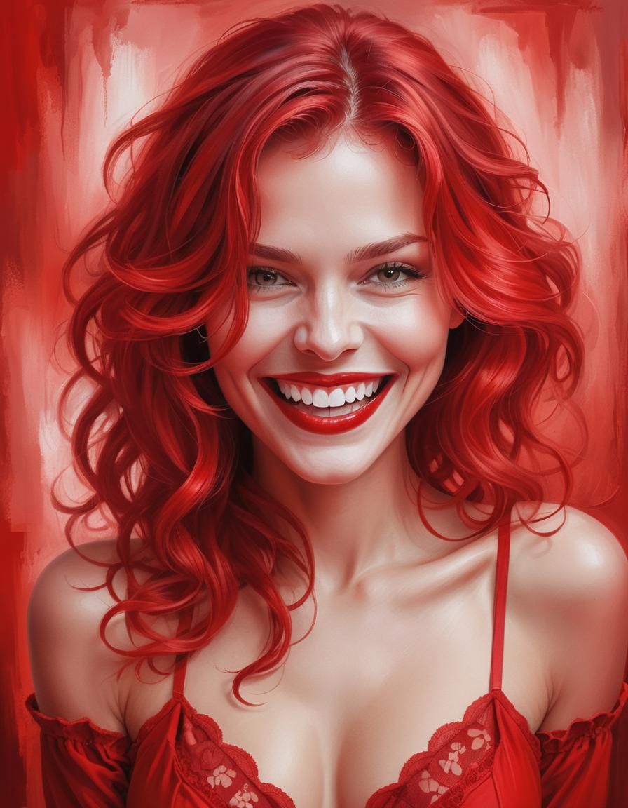 Monochromatic Portrait of a Smiling Woman in Red Tones