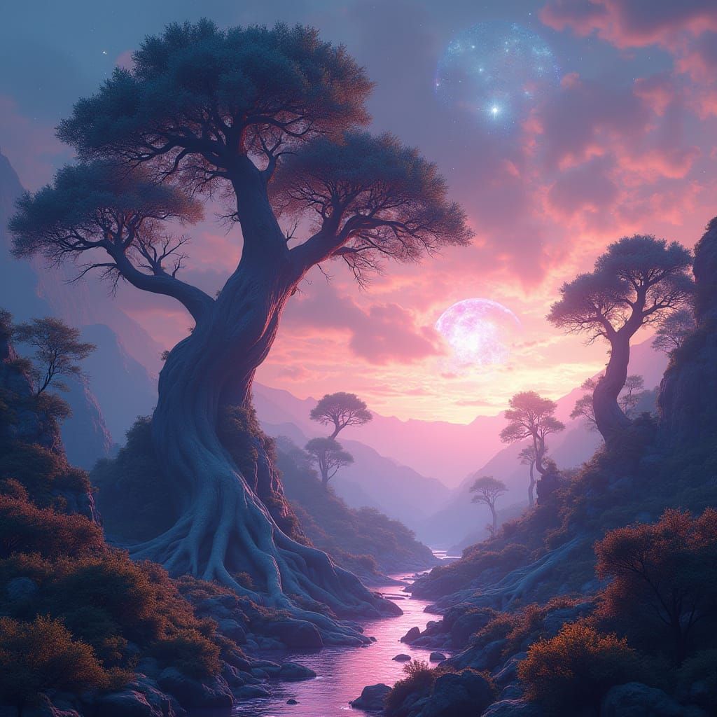 Surreal Landscape with Glowing Trees and Celestial Roots