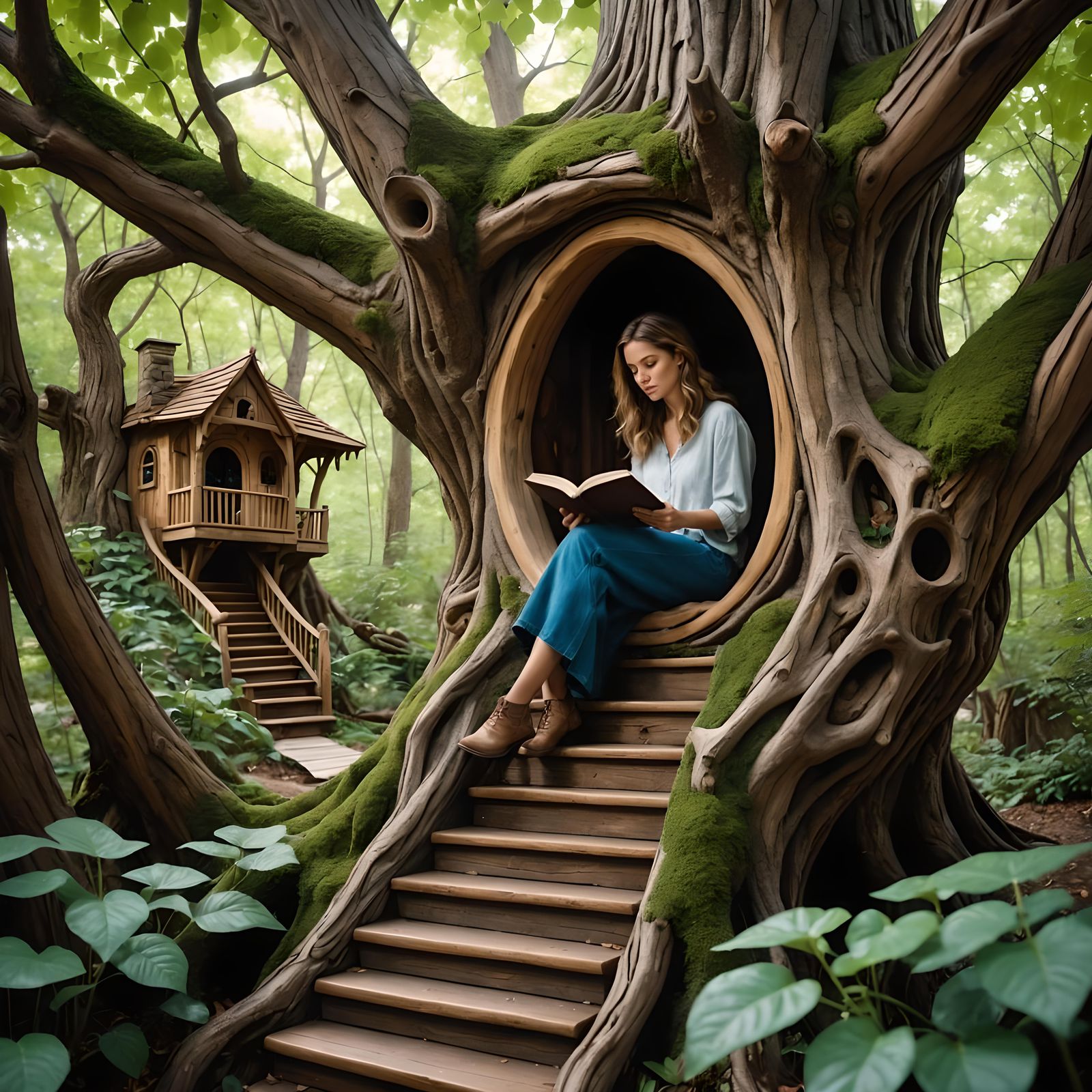 Woman Reading in Whimsical Treehouse Nook