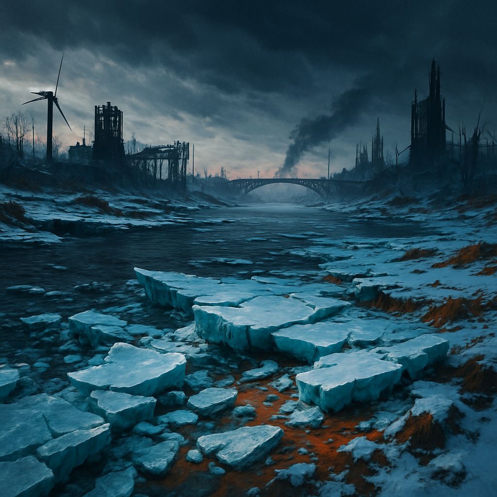 Dystopian Riverscape: Post-Apocalyptic Winter in Vivid Color...