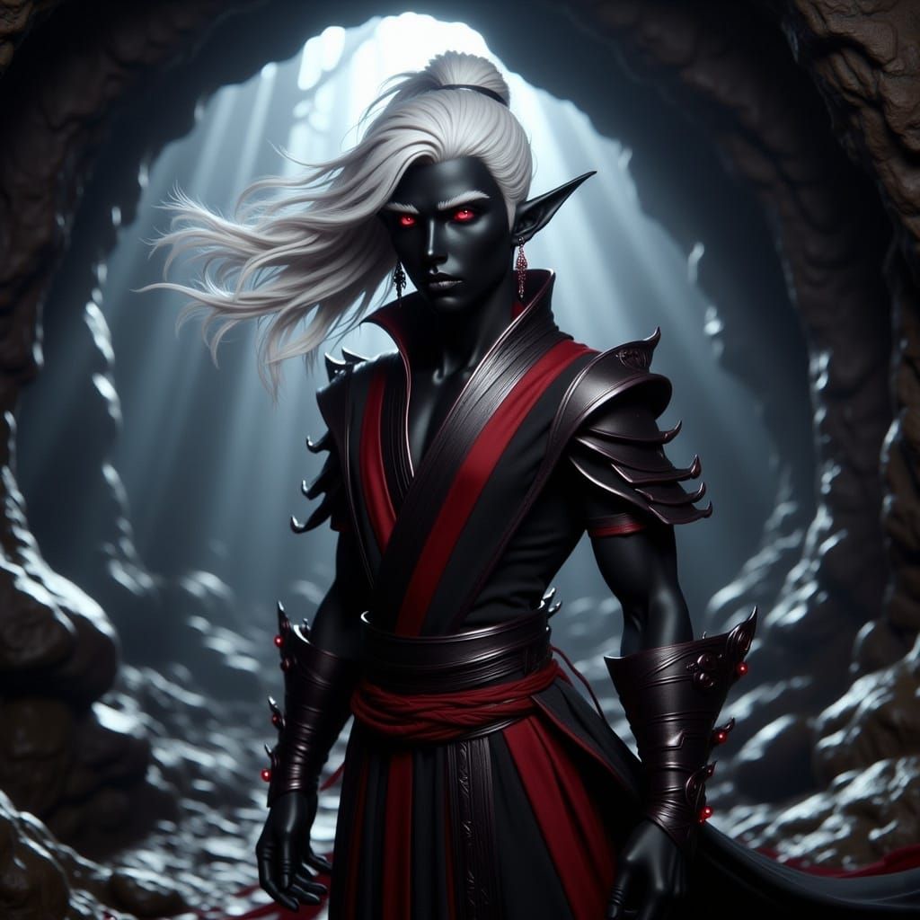 Mysterious Drow Monk in Dimly Lit Cave