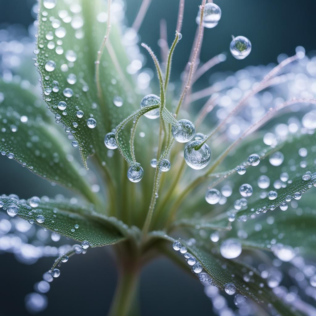 Ethereal Dew-Kissed Plants: Intricate Light Reflections