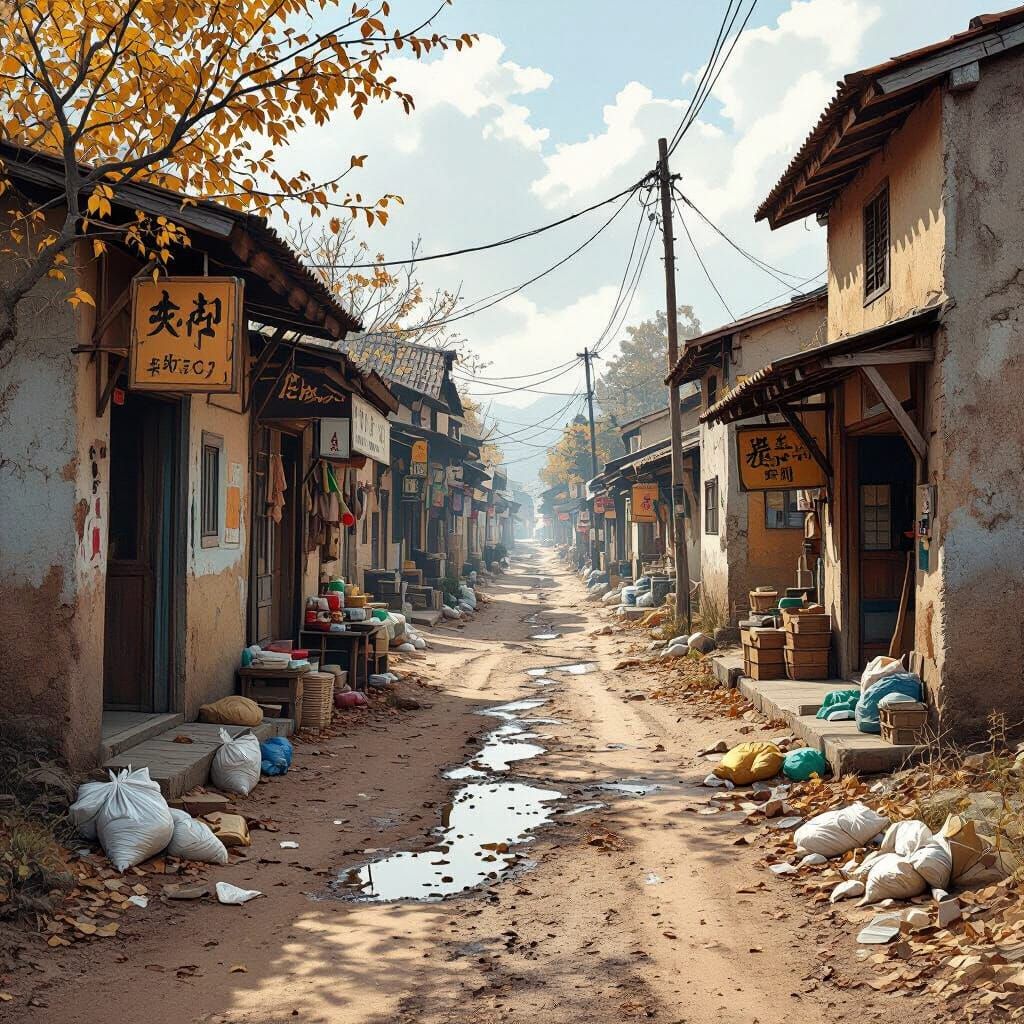 Earthen Village Road with Overflowing Gutter